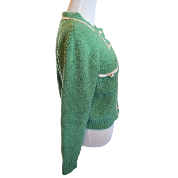 Urban Revivo Green Crew Knitted Cropped Cardigan Jeweled & Pearl Buttons Size M - Picture 11 of 11